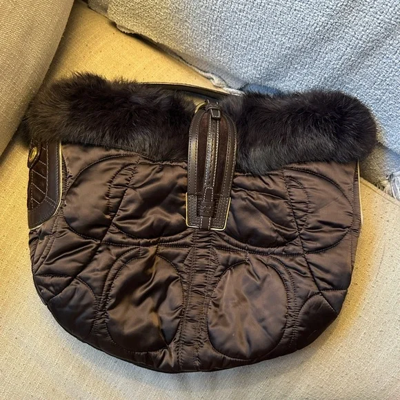 Vintage COACH Dark Brown Quilting Nylon with Fur Opening Shoulder Bag #3587 y2k - Picture 2 of 16